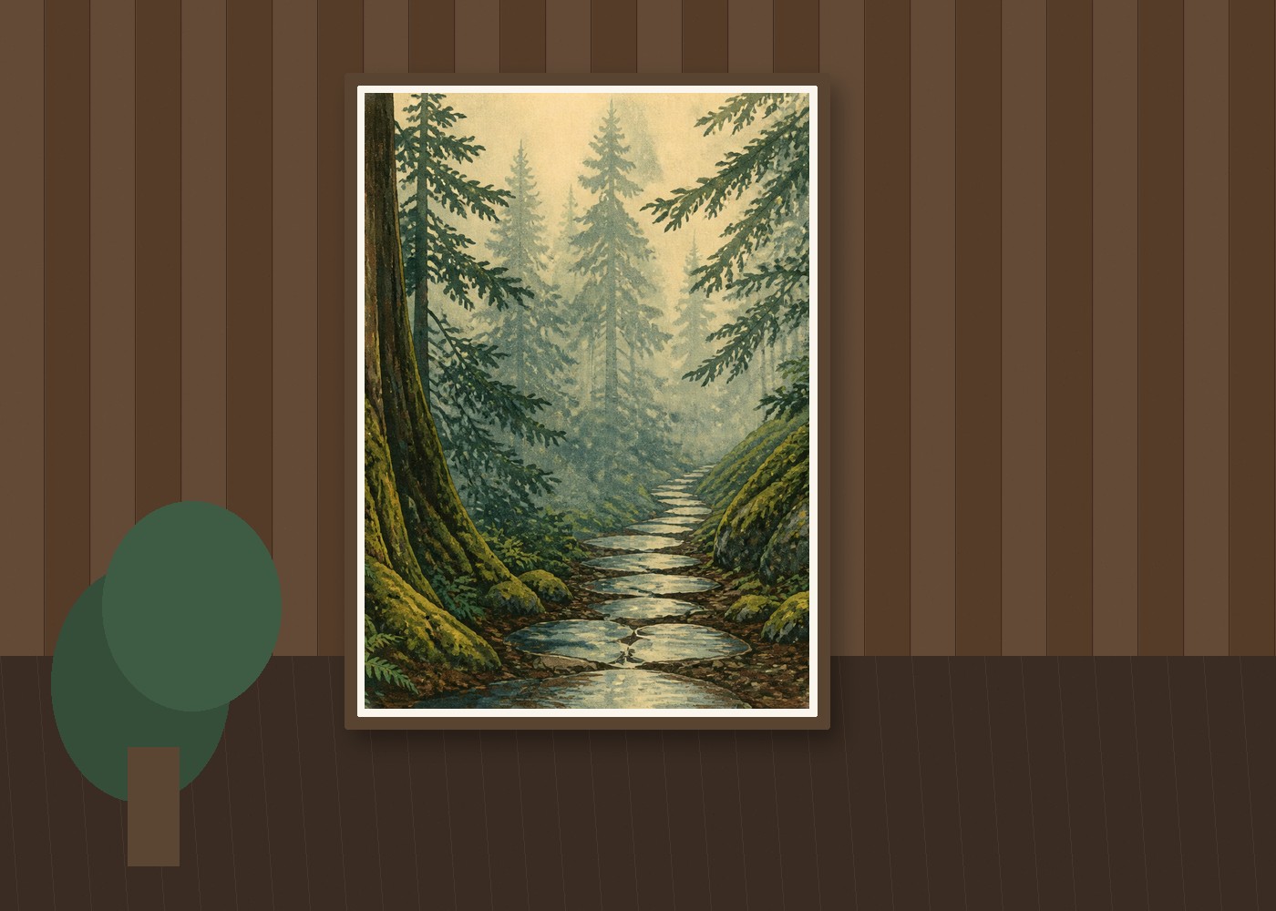 Trailhead poster styled in a warm wood interior