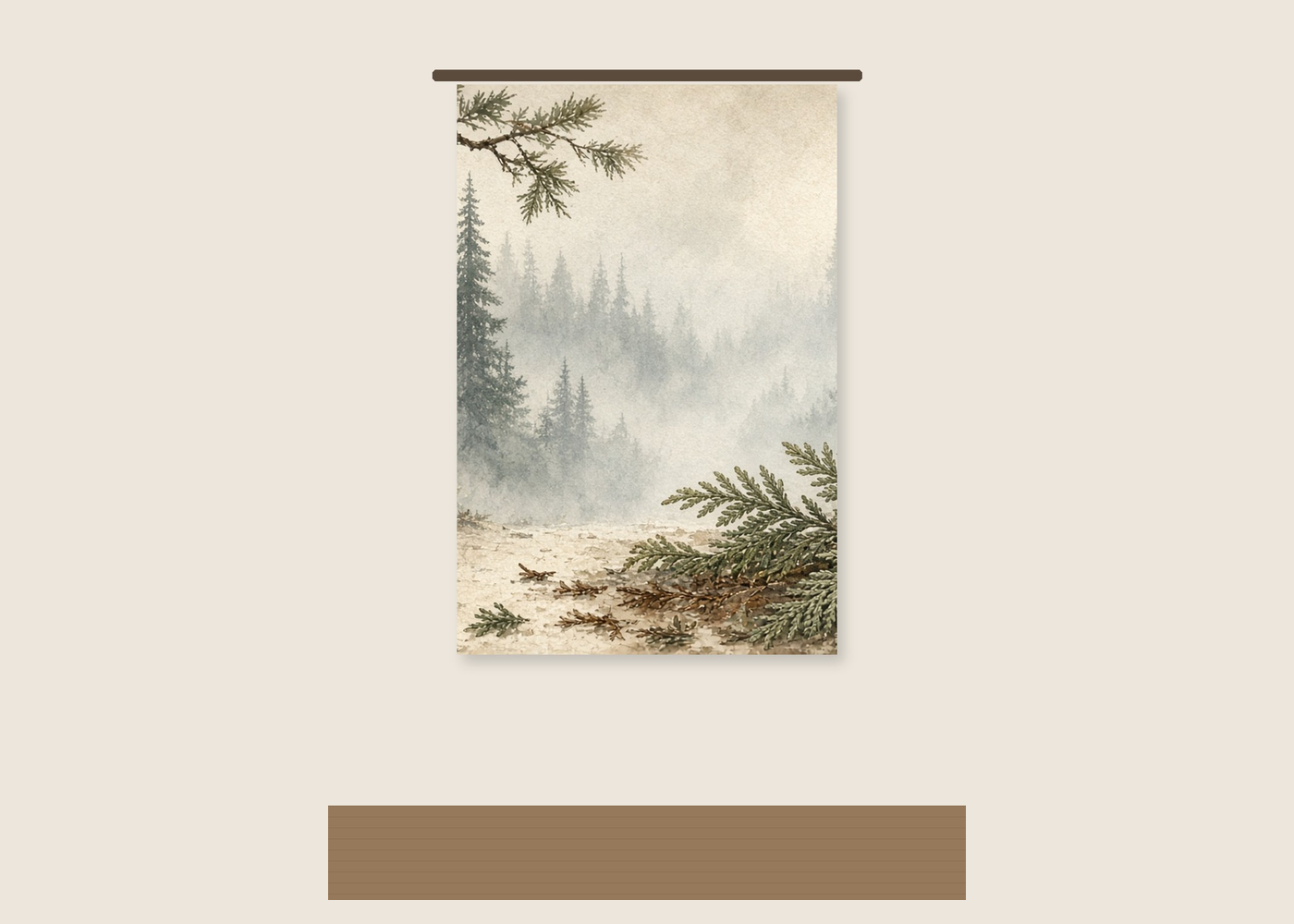 Foggy Pine tea towel with a leafy pattern